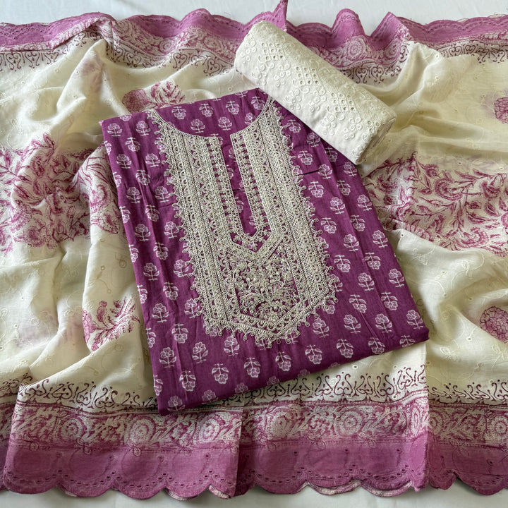 Printed Cotton Aari & Sequins Work Unstitched Suit Set