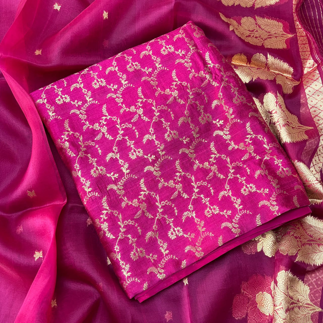Pure Dupion Silk & Banarasi Mina Zari Unstitched Suit Set | AS0011