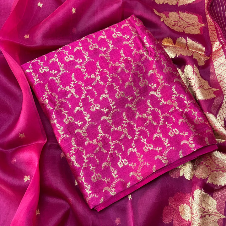 Pure Dupion Silk & Banarasi Mina Zari Unstitched Suit Set | AS0011