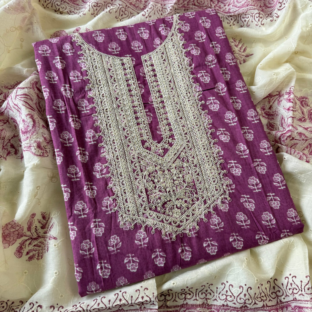 Printed Cotton Aari & Sequins Work Unstitched Suit Set