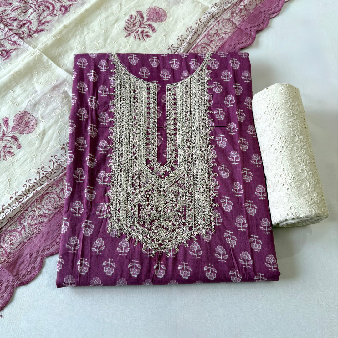 Printed Cotton Aari & Sequins Work Unstitched Suit Set
