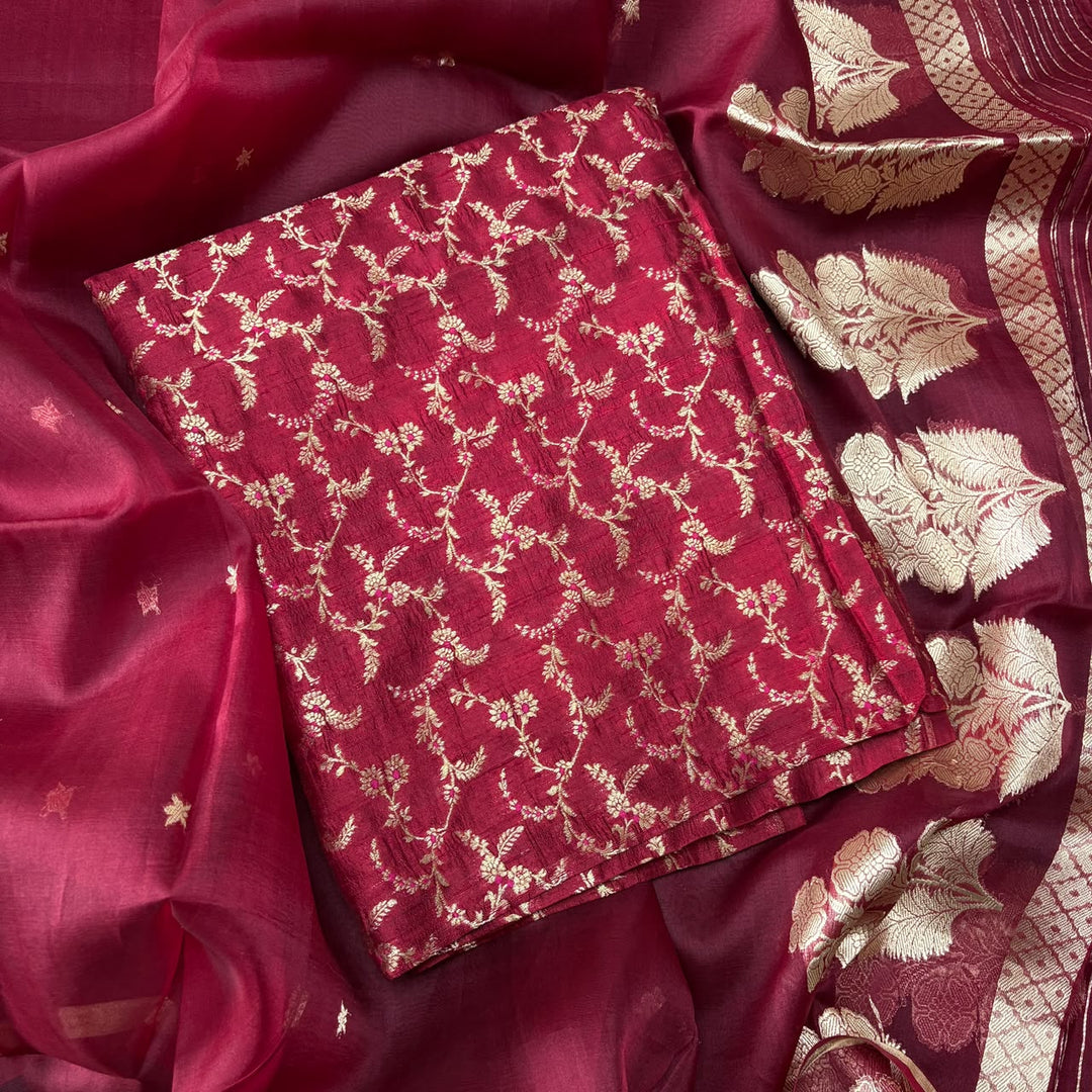 Pure Dupion Silk & Banarasi Mina Zari Unstitched Suit Set | AS0011