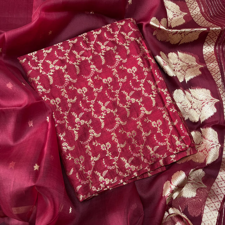Pure Dupion Silk & Banarasi Mina Zari Unstitched Suit Set | AS0011