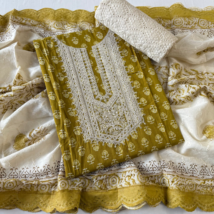 Printed Cotton Aari & Sequins Work Unstitched Suit Set