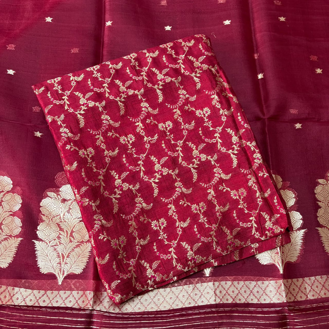 Pure Dupion Silk & Banarasi Mina Zari Unstitched Suit Set | AS0011
