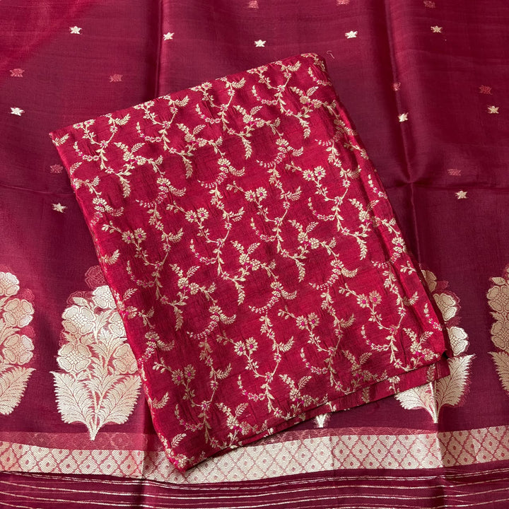 Pure Dupion Silk & Banarasi Mina Zari Unstitched Suit Set | AS0011
