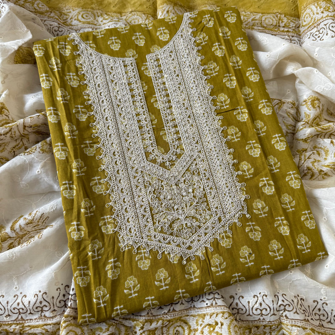 Printed Cotton Aari & Sequins Work Unstitched Suit Set