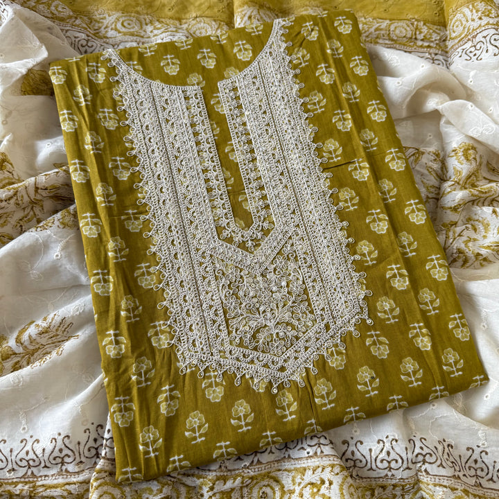Printed Cotton Aari & Sequins Work Unstitched Suit Set