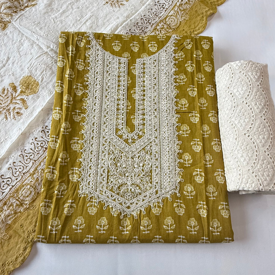 Printed Cotton Aari & Sequins Work Unstitched Suit Set