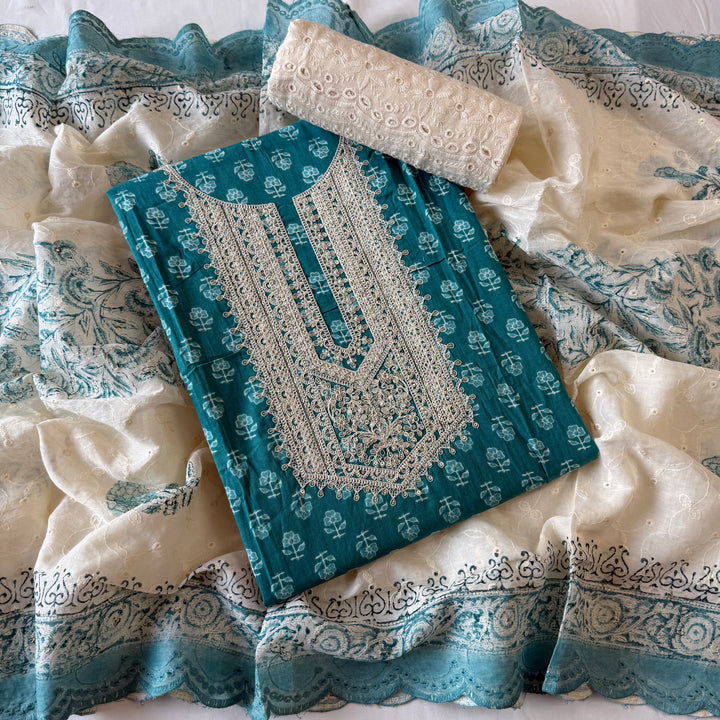 Printed Cotton Aari & Sequins Work Unstitched Suit Set