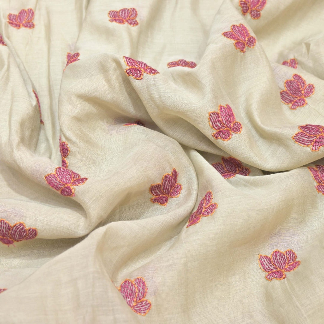Ivory Cream Mul Chanderi Fabric with Threadwork Embroidery