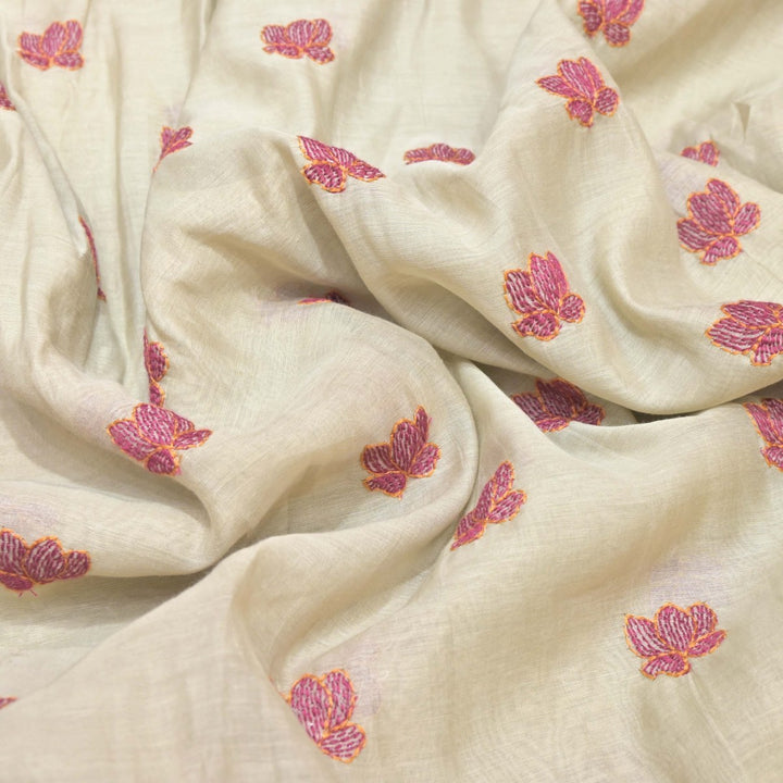 Ivory Cream Mul Chanderi Fabric with Threadwork Embroidery