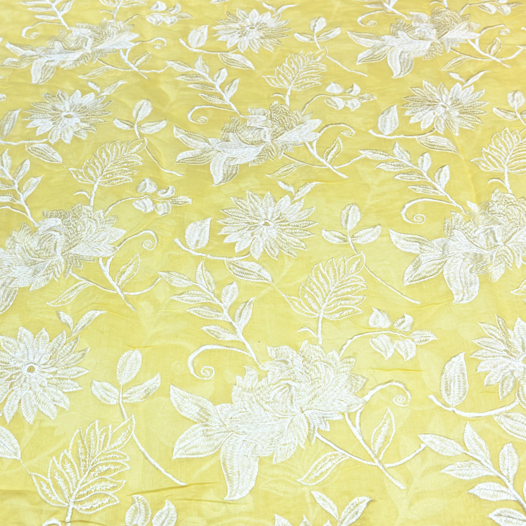 Lemon Color Mul Chanderi Thread Embroidery Fabric – Soft Summer Designer Fabric-CD2116-1