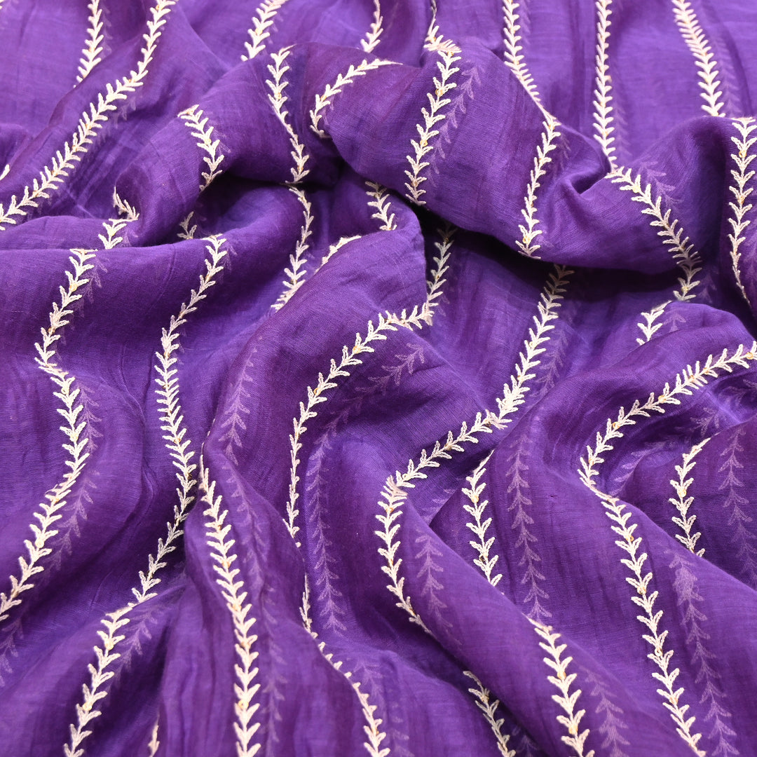 Purple Color Mul Chanderi Thread Embroidery Fabric – Soft Lightweight Designer Fabric- VI062C-1