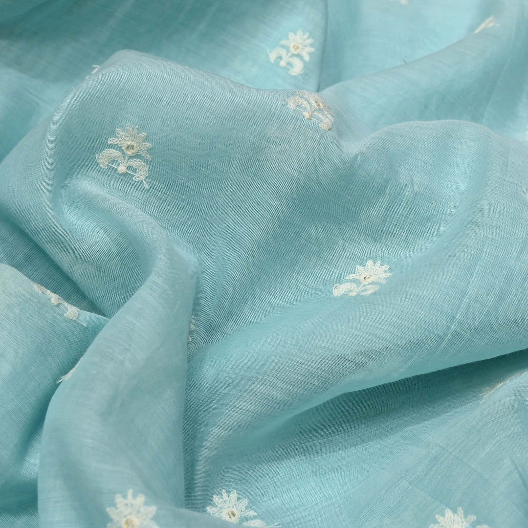 Sky Blue Color Mul Chanderi Thread with Sequins Embroidery Fabric