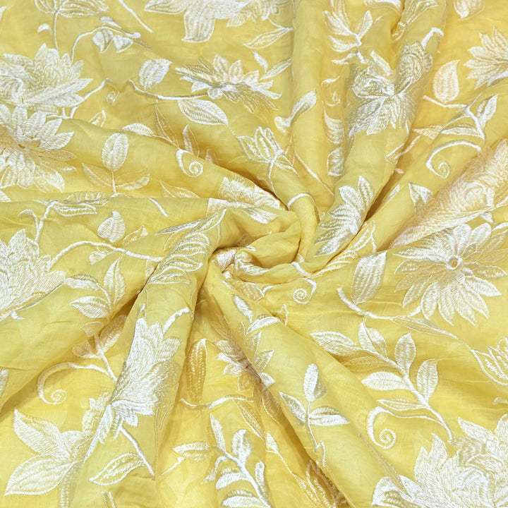 Lemon Color Mul Chanderi Thread Embroidery Fabric – Soft Summer Designer Fabric-CD2116-1