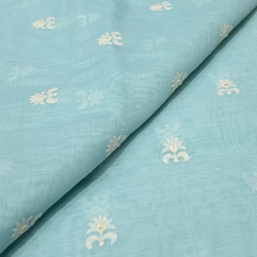Sky Blue Color Mul Chanderi Thread with Sequins Embroidery Fabric