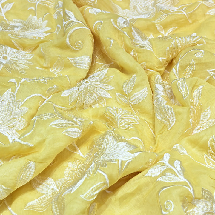 Lemon Color Mul Chanderi Thread Embroidery Fabric – Soft Summer Designer Fabric-CD2116-1