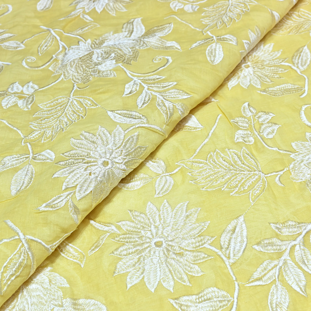Lemon Color Mul Chanderi Thread Embroidery Fabric – Soft Summer Designer Fabric-CD2116-1