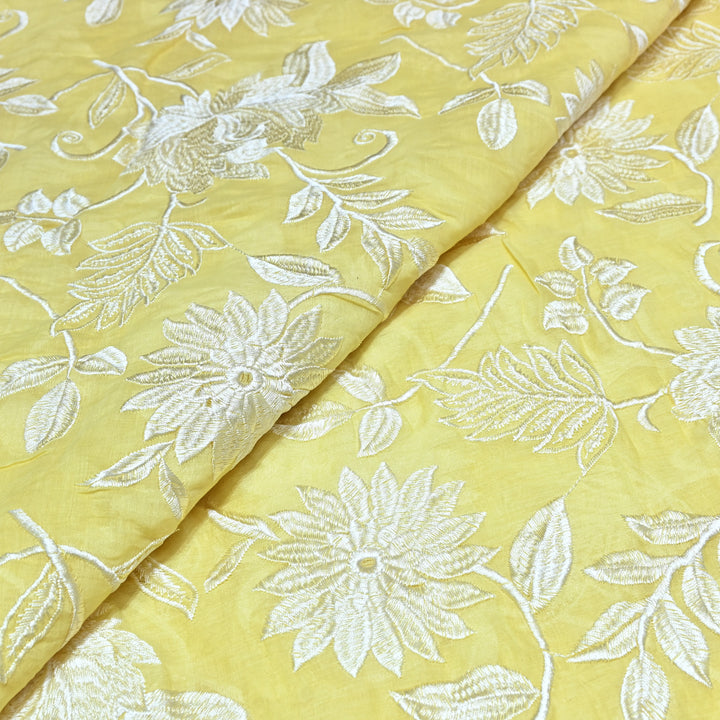 Lemon Color Mul Chanderi Thread Embroidery Fabric – Soft Summer Designer Fabric-CD2116-1