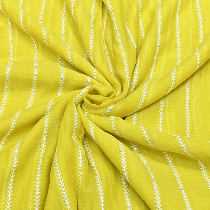 Lemon Yellow Color Mul Chanderi Thread Embroidery Fabric – Soft Lightweight Designer Fabric- VI062C-2