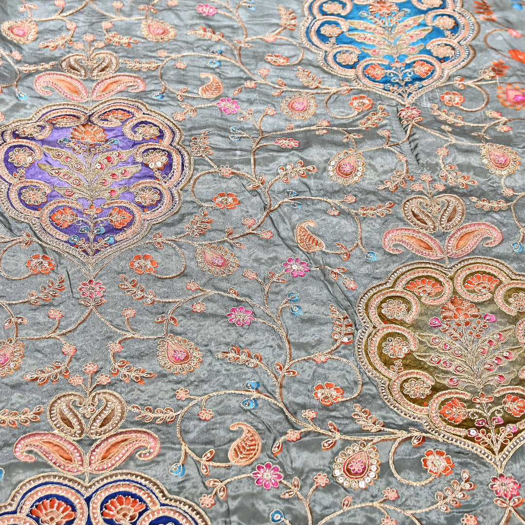 Multi Color Crepe Position Print Fabric with Zari & Sequins Embroidery - 00P401-01