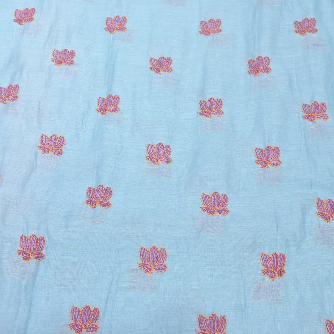 Sky Blue Mul Chanderi Fabric with Threadwork Embroidery