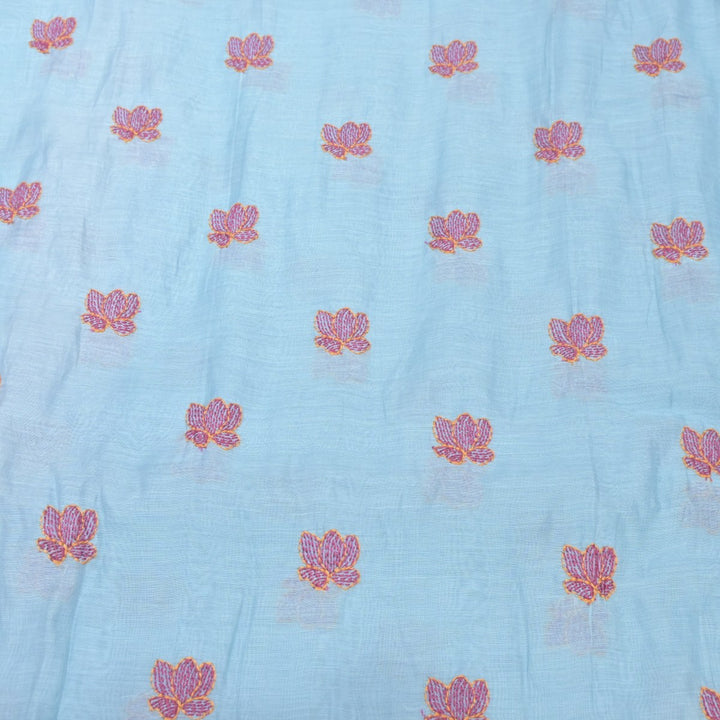 Sky Blue Mul Chanderi Fabric with Threadwork Embroidery