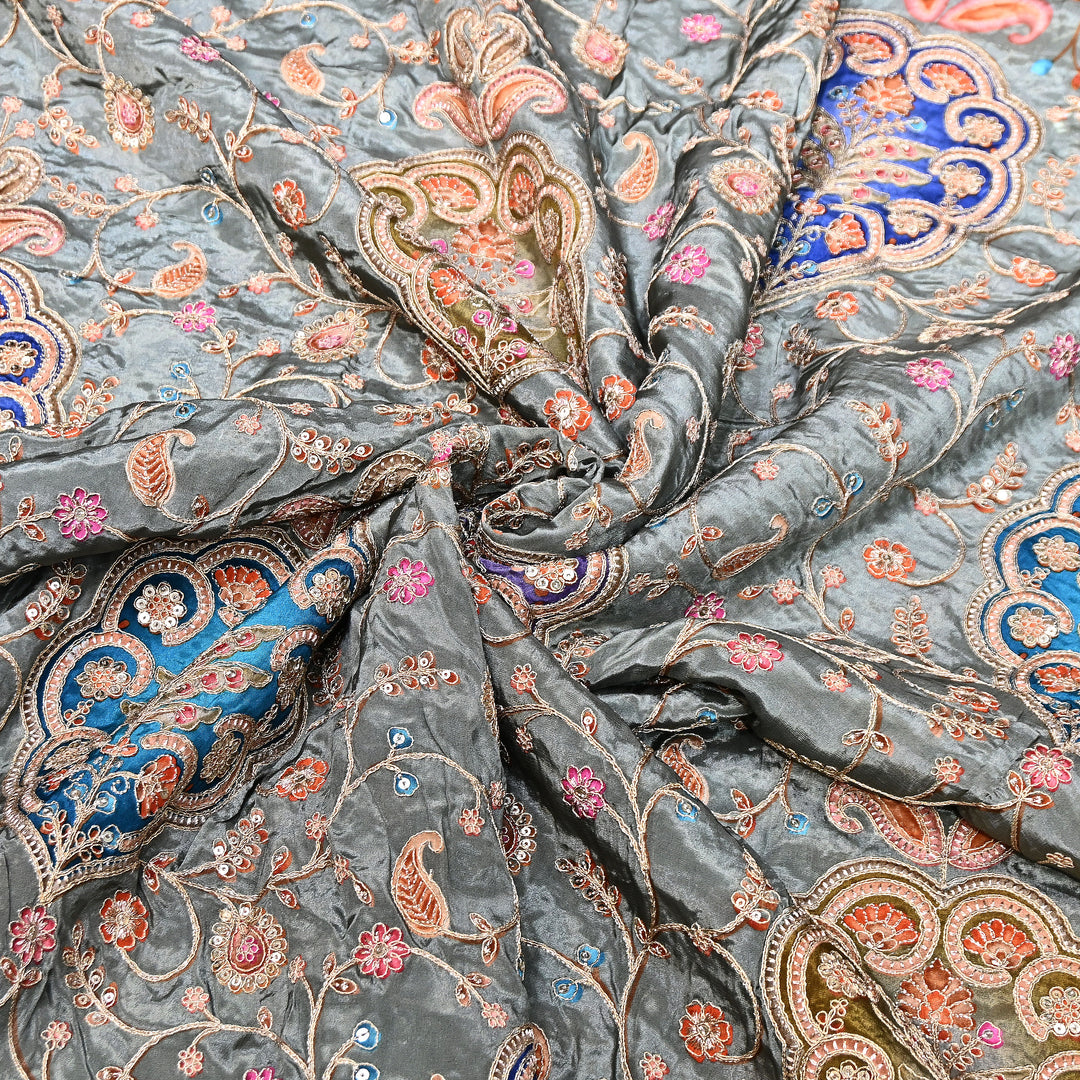 Multi Color Crepe Position Print Fabric with Zari & Sequins Embroidery - 00P401-01