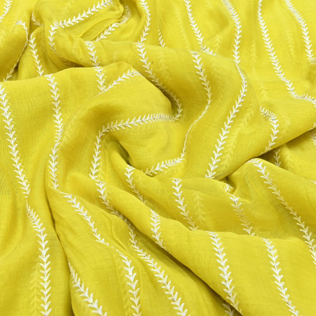 Lemon Yellow Color Mul Chanderi Thread Embroidery Fabric – Soft Lightweight Designer Fabric- VI062C-2