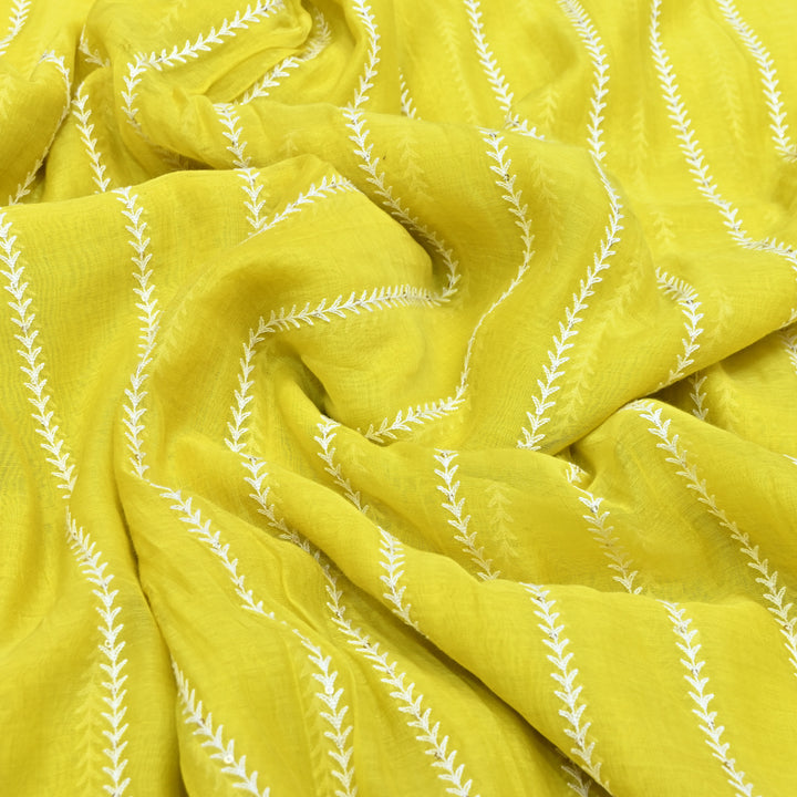 Lemon Yellow Color Mul Chanderi Thread Embroidery Fabric – Soft Lightweight Designer Fabric- VI062C-2