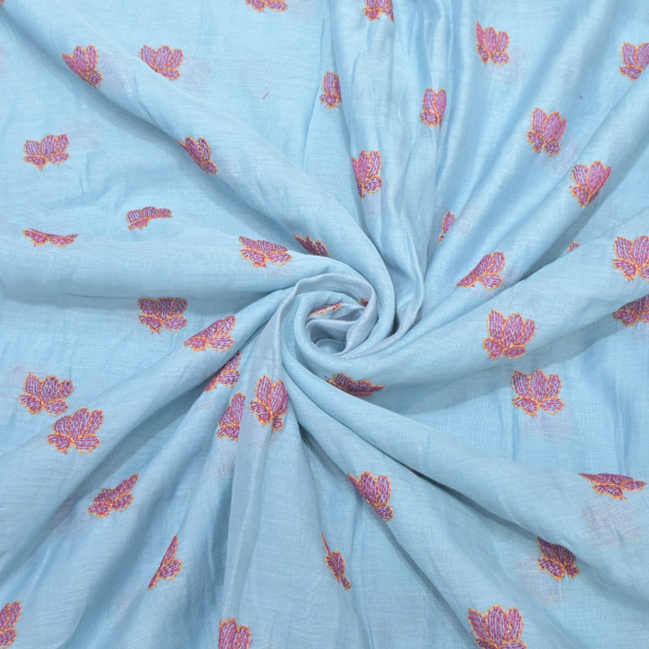 Sky Blue Mul Chanderi Fabric with Threadwork Embroidery