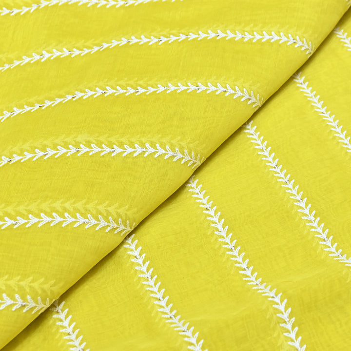Lemon Yellow Color Mul Chanderi Thread Embroidery Fabric – Soft Lightweight Designer Fabric- VI062C-2