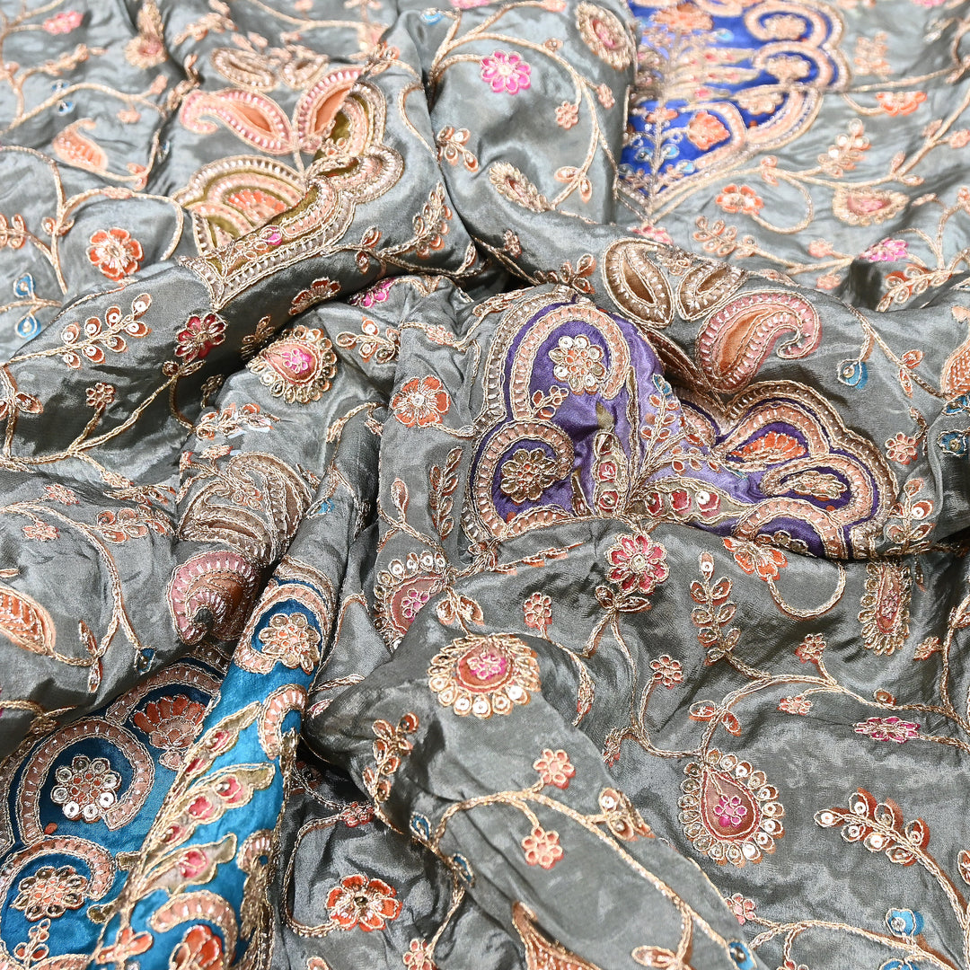Multi Color Crepe Position Print Fabric with Zari & Sequins Embroidery - 00P401-01