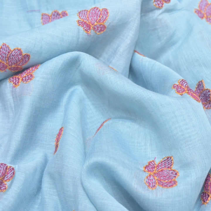 Sky Blue Mul Chanderi Fabric with Threadwork Embroidery
