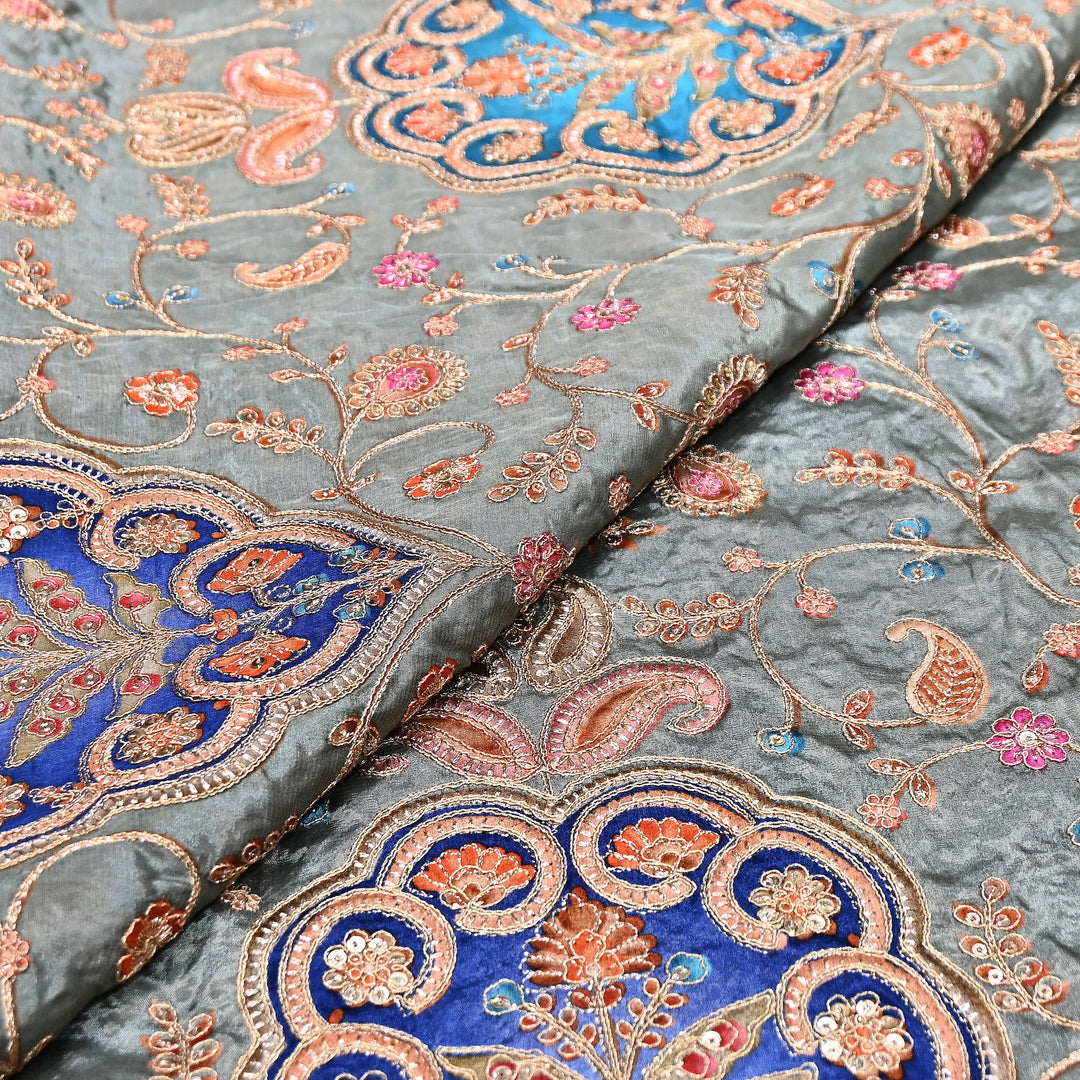 Multi Color Crepe Position Print Fabric with Zari & Sequins Embroidery - 00P401-01