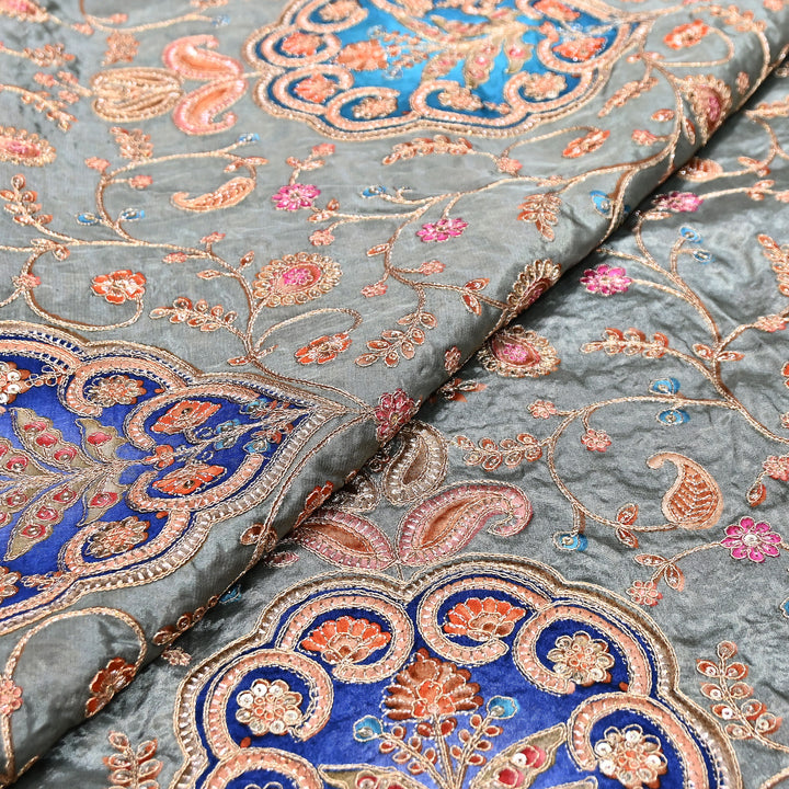 Multi Color Crepe Position Print Fabric with Zari & Sequins Embroidery - 00P401-01