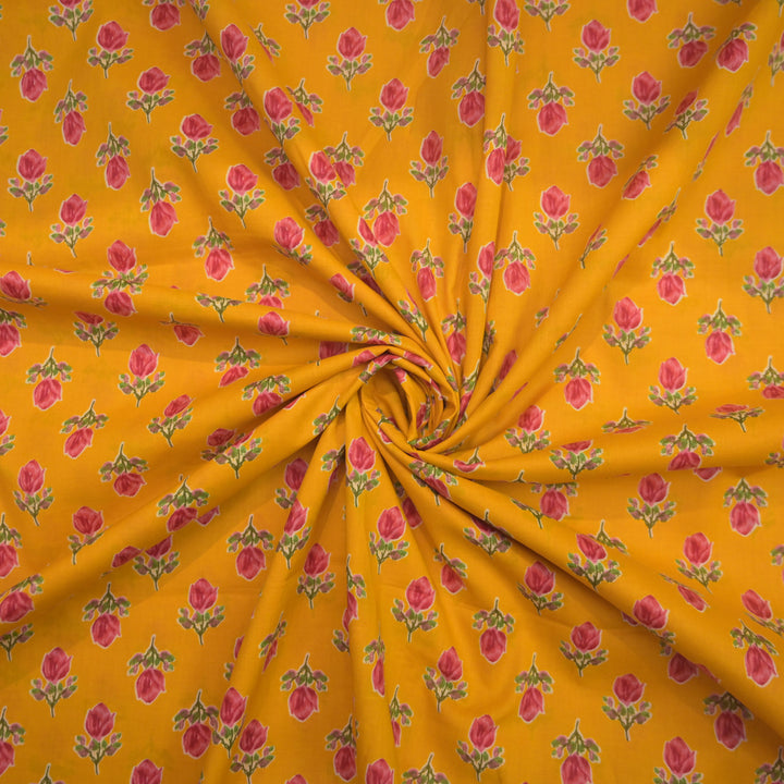 Yellow Cotton Fabric with allover Leaf Butti Print