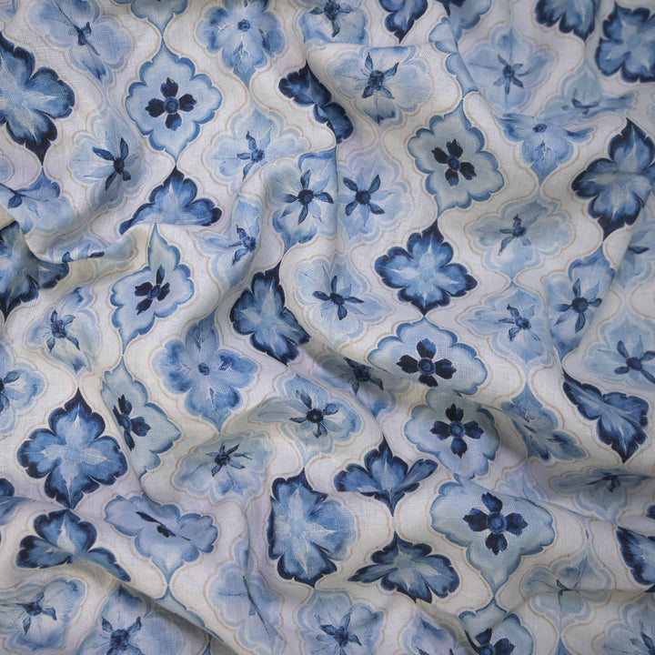 Blue Floral Block Printed Pure Linen Fabric