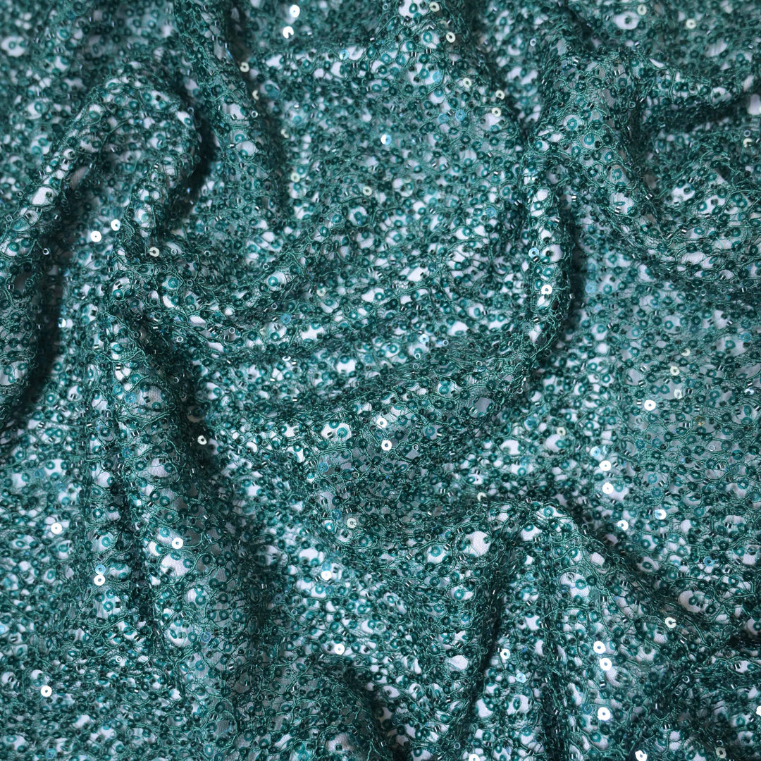 Bottle Green Imported Net Fabric with allover Sequins Embroidery