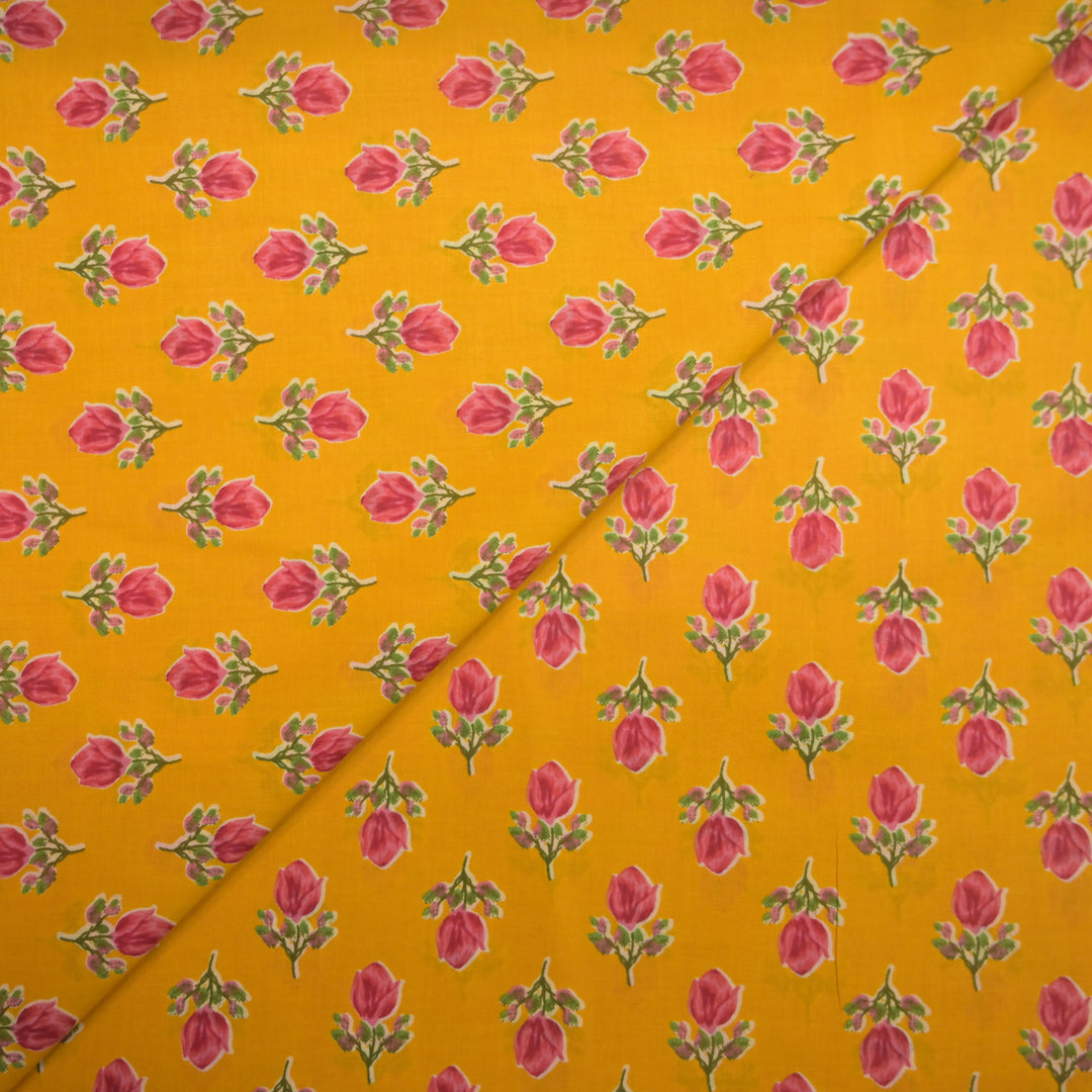 Yellow Cotton Fabric with allover Leaf Butti Print