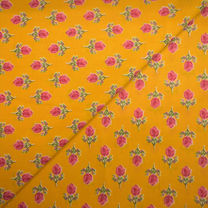 Yellow Cotton Fabric with allover Leaf Butti Print