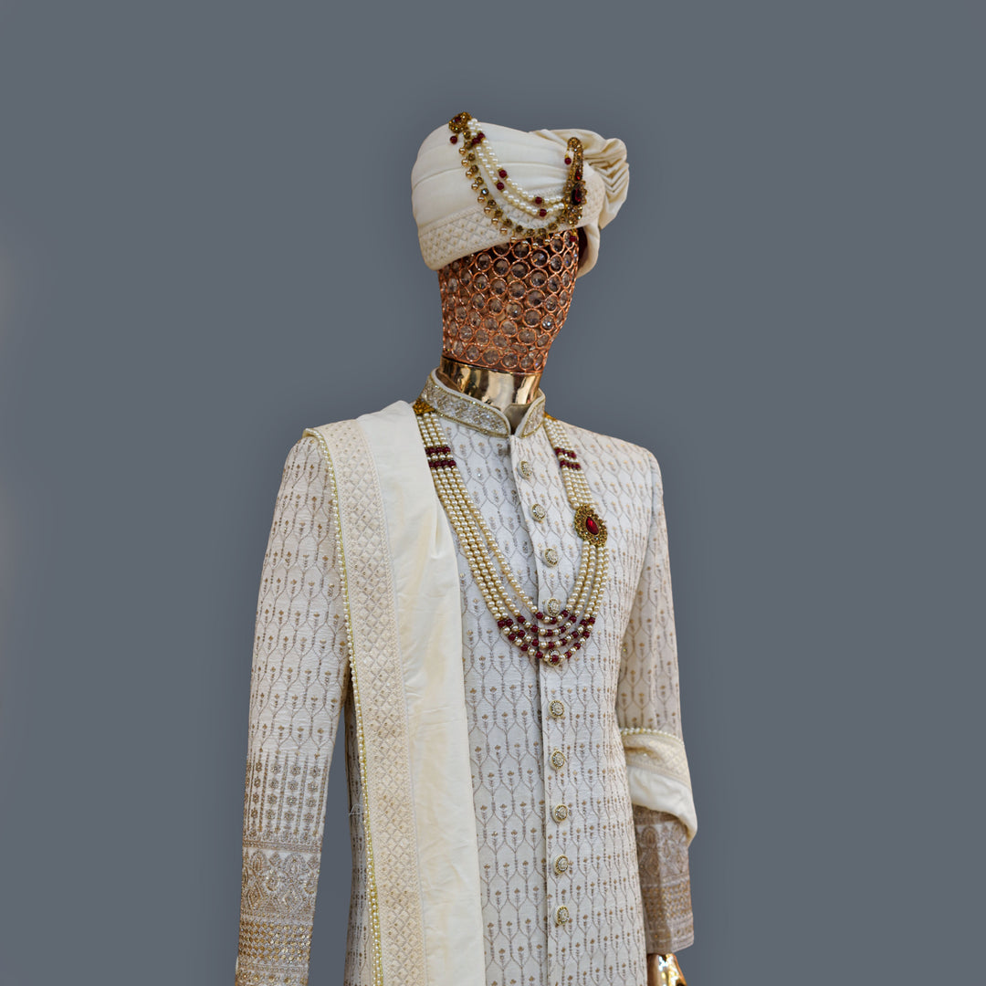 White Raw Silk Sherwani Set with allover Golden Zari Embroidery