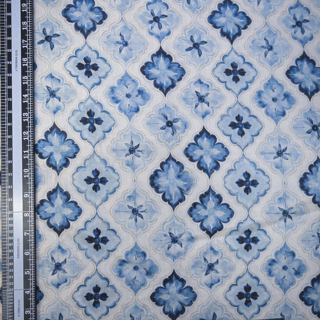 Blue Floral Block Printed Pure Linen Fabric