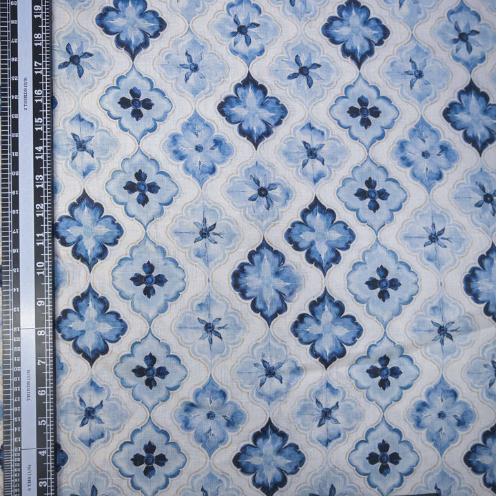 Blue Floral Block Printed Pure Linen Fabric