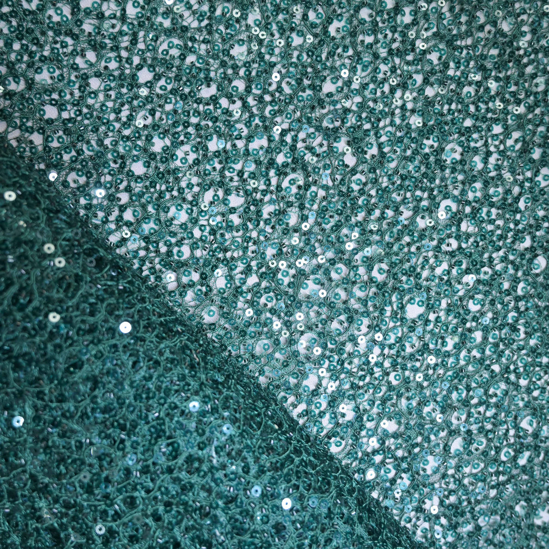 Bottle Green Imported Net Fabric with allover Sequins Embroidery