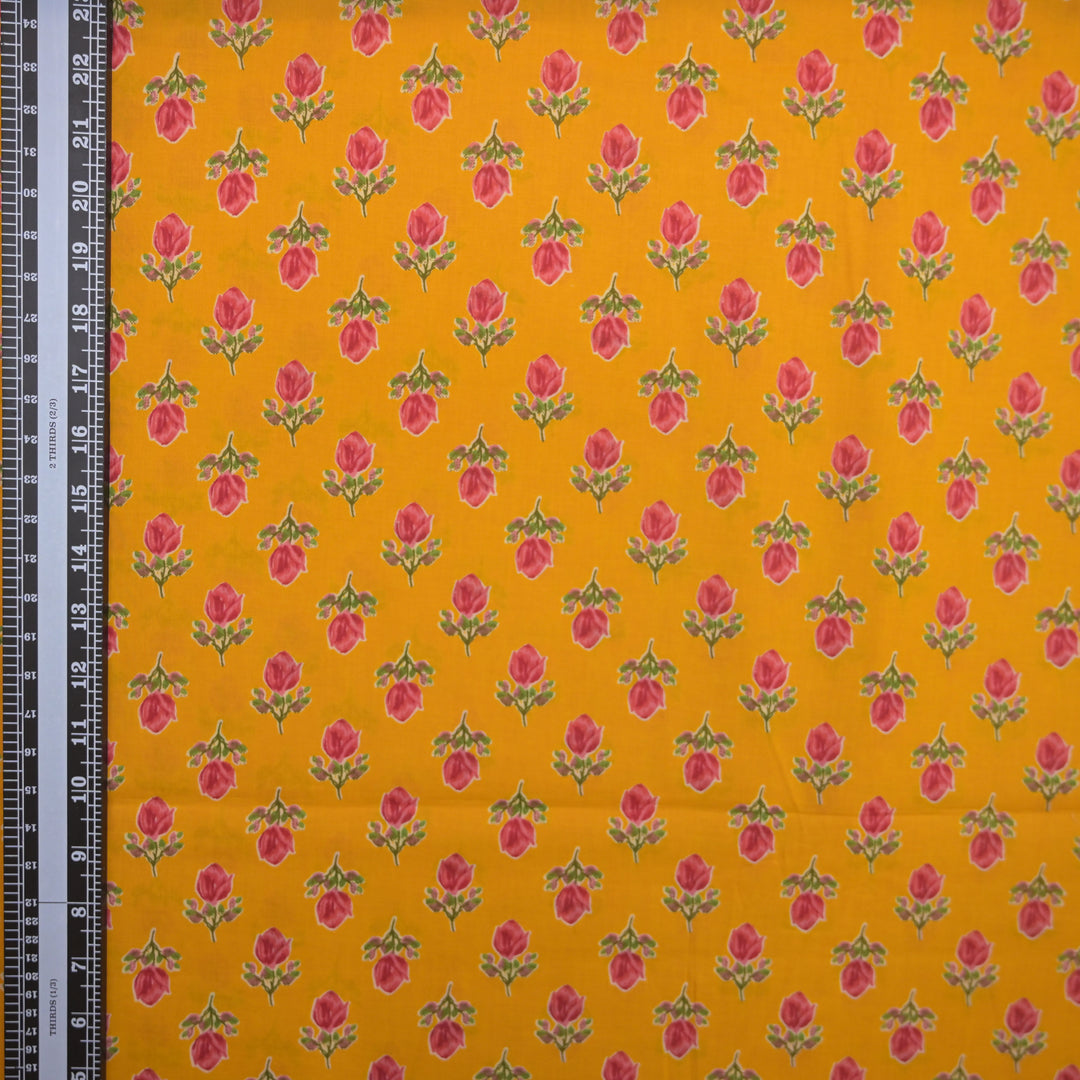 Yellow Cotton Fabric with allover Leaf Butti Print
