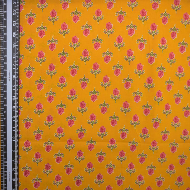 Yellow Cotton Fabric with allover Leaf Butti Print