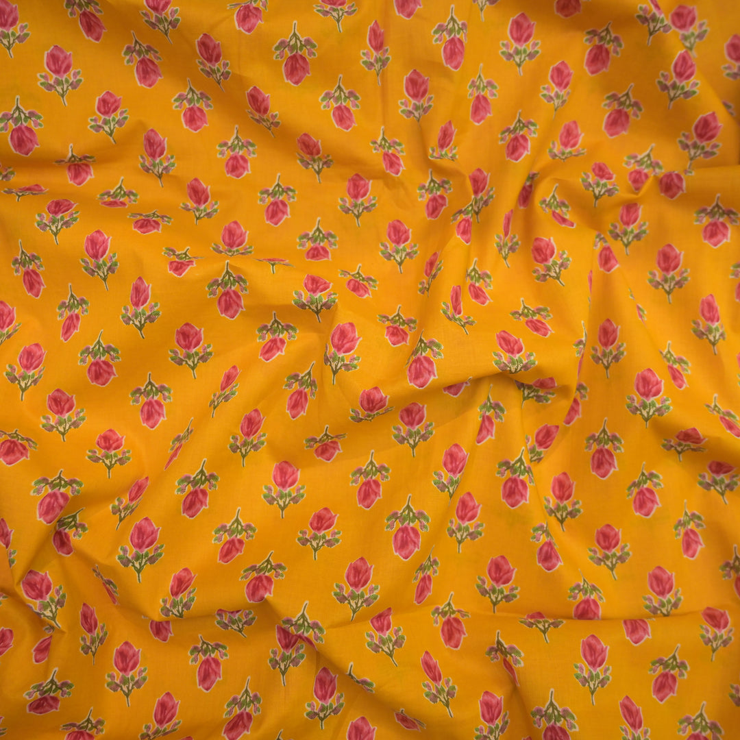 Yellow Cotton Fabric with allover Leaf Butti Print