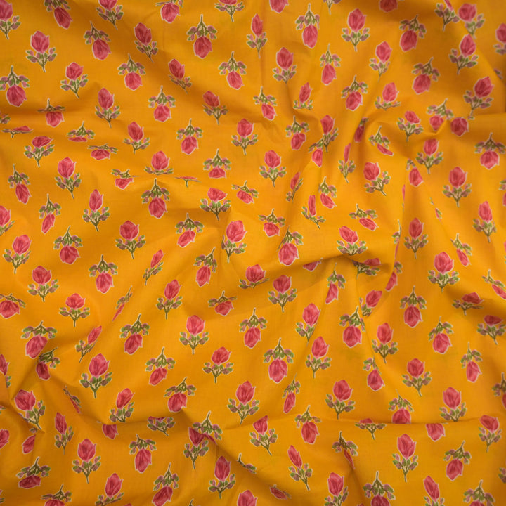 Yellow Cotton Fabric with allover Leaf Butti Print